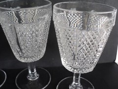 EAPG Challinor, Taylor #411 Later Paneled Diamond Point Glass Goblet Set of 4