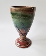 6″ Studio Pottery Chalice Goblet, Red & Green Glaze, Blue Slip-Dots