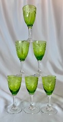 6 VTG Green and Clear Glass Etched Palm Trees Cordial Liqueur Barware Glasses