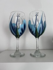 Set of 2 Hand Painted Signed Wine Glasses with Blue Flowers -8.75″ -Holds 14 oz