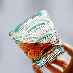 Japanese Style Edo Kiriko Drinkware Hand Cut To Amber Green Whiskey Glass 11oz