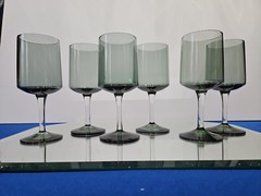 Set (6) Wine Glasses Goblets, Crystal Lenox Signed «Blue Smoke» Gray-blue-green