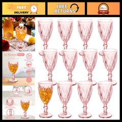 Vintage Embossed Glass Goblets – 10 oz Stemmed Cups for Wine, Iced Tea, Juice –