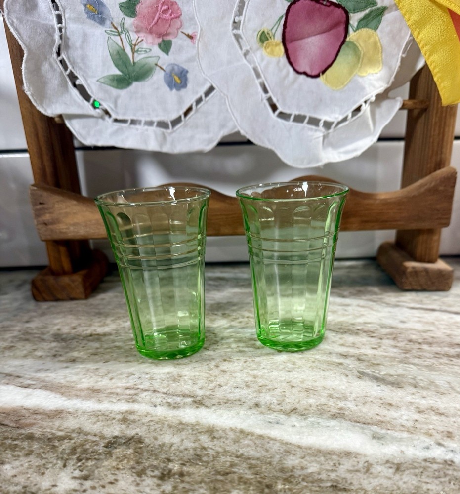 Hazel Atlas Moderntone Green Uranium Glass Tumblers Juice Glasses Set of 2 VTG