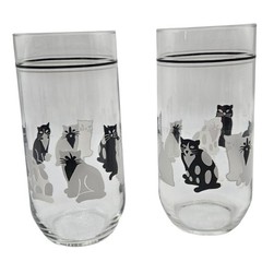 Luminarc Cat Drinking Glasses Set of 2 Vintage Glassware Pair Black White Gray