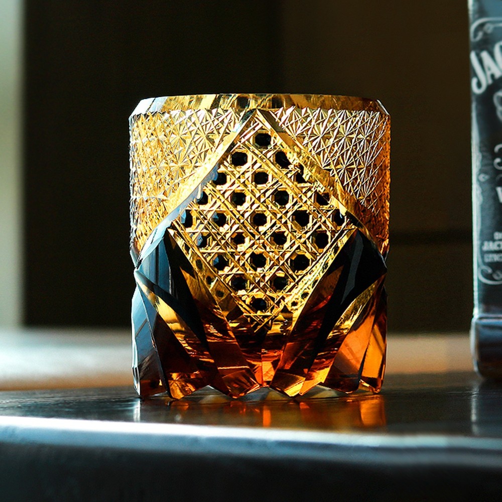 Amber Black Hand Engraved Knight Style Rock Glass Whisky Glass 250ml