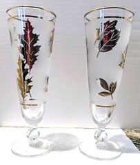 Vtg 22k MCM Libbey Golden Leaf Frosted Pilsner Beer Glasses Replacement Set of 2