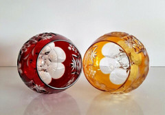 PAIR AJKA MARSALA YELLOW and RUBY RED CUT TO CLEAR LEAD CRYSTAL BRANDY GLASSES