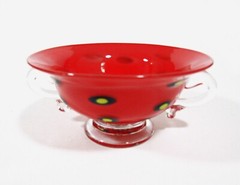 Signed Hand-Blown Art Glass Double-Handled Cup Bowl Red w/ Yellow Polka Dots