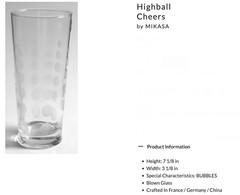 Mikasa Cheers Highball Glass Set of 4 – 19.75 oz Etched Crystal Drinkware 7 1/8″
