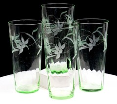 Elegant Vaseline Glass Panel Optic Floral Cut 4 Pc 16 Oz 6 1/2″ Tumblers 1960-