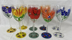 9 Hand Painted Flowers Wine Glasses Set Goblet 10oz Bright Summer Garden Party