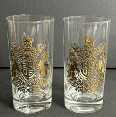 2 Cera Coat of Arms Highball Glasses United Kingdom Gold Vintage 1960s MCM Tags