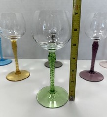 6 VTG Colorful Twisted Stem Crystal & Glass Wine Glasses Etched Grape Design