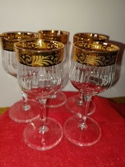 Set of 5 Vintage Cordial Glasses Gold Gilded Rim Scroll Etched