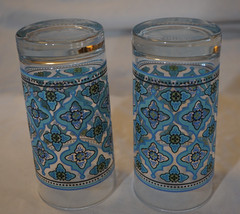 6 VINTAGE MCM LIBBEY CRISA BLUE TEAL PATTERNED HIGHBALL GLASSES TUMBLERS 6″