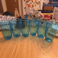 1960’s Anchor Hocking Madrid Aqua Blue Quilted Diamond Drinking Glasses Set of 6