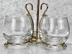 Mid-Century Gold Bar Serving Caddy w/ 3 Whiskey Glasses