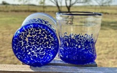 2 Vintage Block Basic Blown Art Glasses Dark Blue Speckled. MCM Beautiful 4”