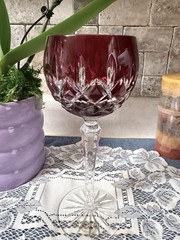 Ajka Red Cut To Clear Crystal Wine Glass Long Stem Hungary 24% PbO Decor
