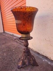 Large 23″ Tall Amber Tortoise Shell Glass VASE/Candle Holder. HEAVY Brass BASE