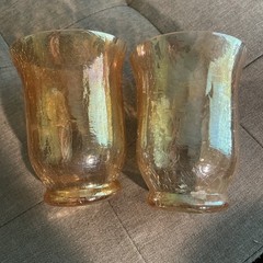 Vintage Honey Amber Glasses Crackle Dimple Pinched 4 1/4” Tumbler PAIR
