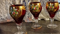 Ruby crystal Cordial glasses 3 Vintage Hand Decorated Bohemia 3d flowers