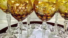 Cut to Clear Glass Crystal 8” Set 6 Nachtmann Amber Yellow Wine Glasses Goblets