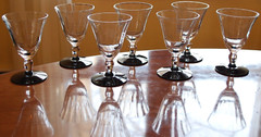 Vtg Set 7 WESTON Liquor Cocktail Glasses BLACK FOOT CLEAR OPTIC PANEL BOWL 3.75″