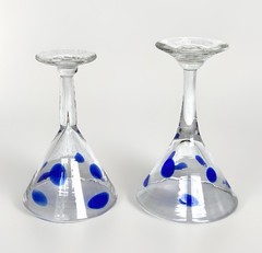 2 Heavy Vintage Hand Blown Blue Dot/Swirl Martini Glasses 7″ Tall 4-1/2″ Wide