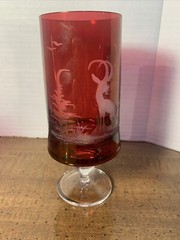 Cranberry Red Bohemian Etched Footed Glass With Ram And Trees 6.25”