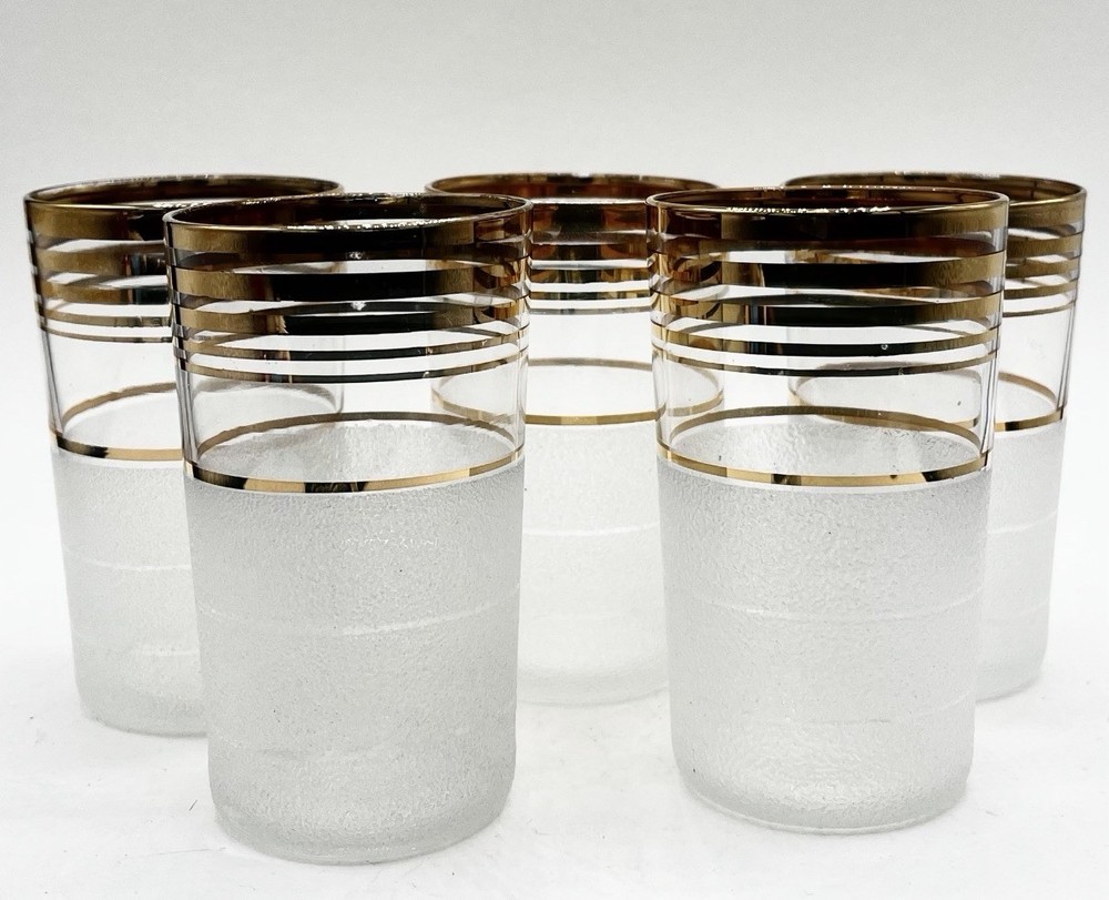 MCM Set Of 5 Juice Cocktail Glasses Gold Trim Frosted 4.5” Tall Vintage