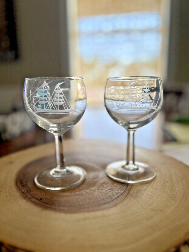 Set of 2 5 in Stemware W/ Etched Ships; Labeled France