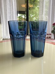 Set Of 2 Vintage Libbey Duratuff Gibralter 8 Panel Dusky Blue 6.25” Tall Glasses