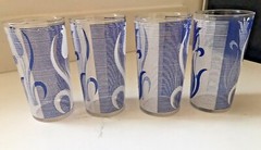 Federal Glass USA Mid Century 8 Oz Glasses Retro Blue & White Tulips MINT