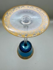 Saint Louis Thistle Blue Crystal Wine Glass 24K Gold France 8.25″ Goblet