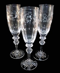 3 pc Rogaska Crystal COUNTRY GARDEN Champagne Flutes Mimosa glasses signed 8.75″