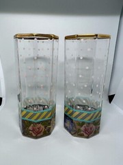 2 MacKenzie-Childs GARLAND Pink Dot Floral 4 3/4″ Juice Tumbler Glasses