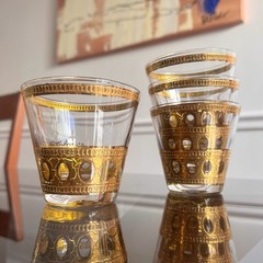 Culver Antigua Lowball Rocks Whiskey Glass 22k Gold Crackle, Lot Of 4