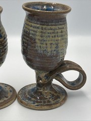 2 Vintage Unique Handmade Blue & Beige Brown Glazed Ceramic Handle Goblets Two