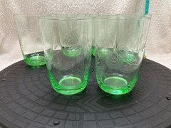 6 Vintage green juice glasses with etched flowers (2) and grapevine (4) GUC
