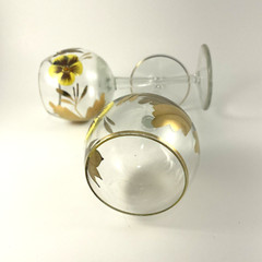 Hand Painted Gold Trim MCM Claret Wine Glass (2) Romanian Butterfly Yellow Pansy