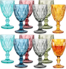 Set of 12 Vintage Glass Goblets Bulk 10 Oz Multi Colored Stemware Wine Glasses C