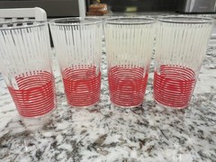 4 Vintage Art Deco Red White Horizontal/Vertical Stripe 3 3/4″ Juice Glasses EXC