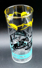 Vintage Federal Glass Equestrian Fox Hunt Highball 6″Bar Glass Blue Yellow Black