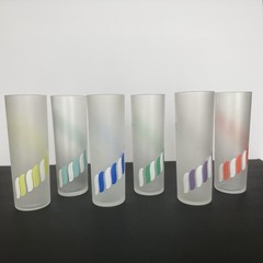 Set of 6 Vintage MCM Libbey Frosted Glass Candy Stripe Highball Glasses Rainbow