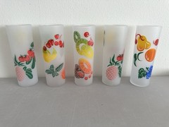 5 Vintage Federal Glass Fruit Tall Frosted Highball Tom Collins Glasses MCM