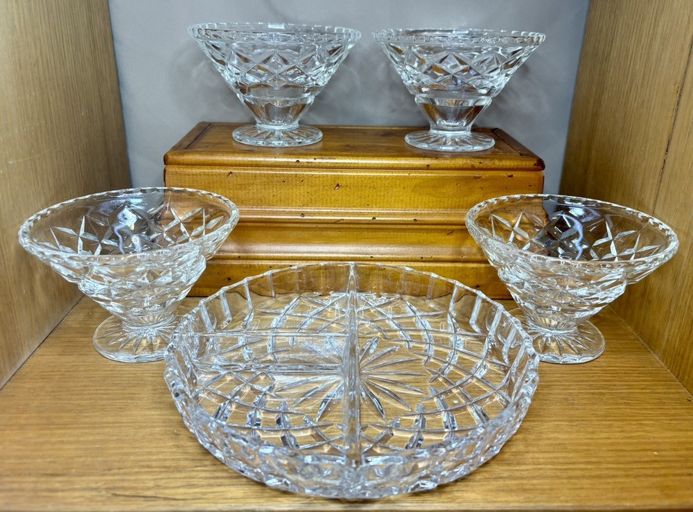Vtg Crystal Dessert Bowl & Divided Dish Set 5pc Mid-Century Style c.1960s–1980s