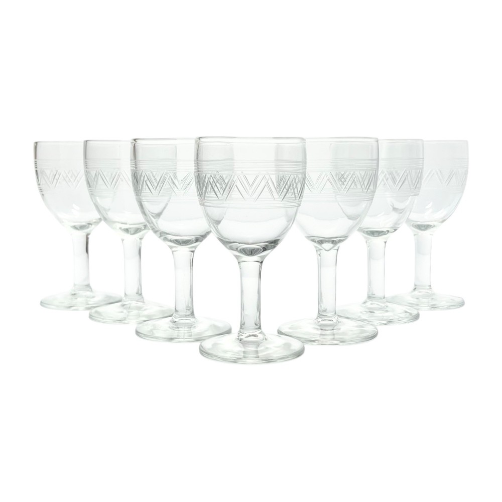 1950s Vintage 7 Etched Liquor Cordial Wine Glasses 4 1/2” 4oz Geometric & Lines