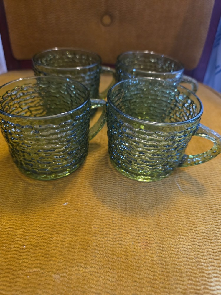 Vintage Anchor Hocking Sereno Cups w/Handle, Avocado Green, Mugs Set of 4
